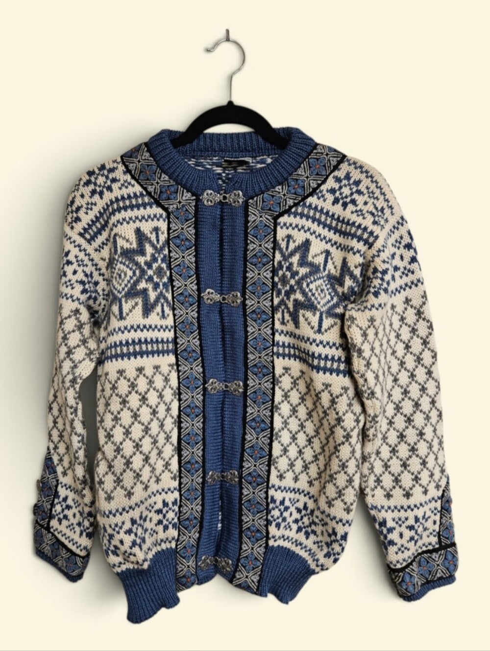 VTG Dale Of Norway Blue Nordic Fair Isle Design Wool Knit Sweater Cardigan Sz M